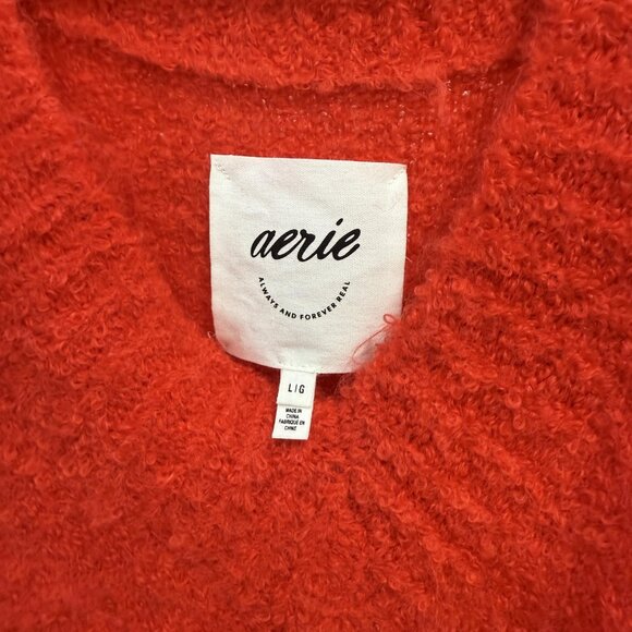 Aerie Sweater Womens Large Red V Neck Fuzzy Boucle Cozy Knit Pullover Oversized - Picture 2 of 9